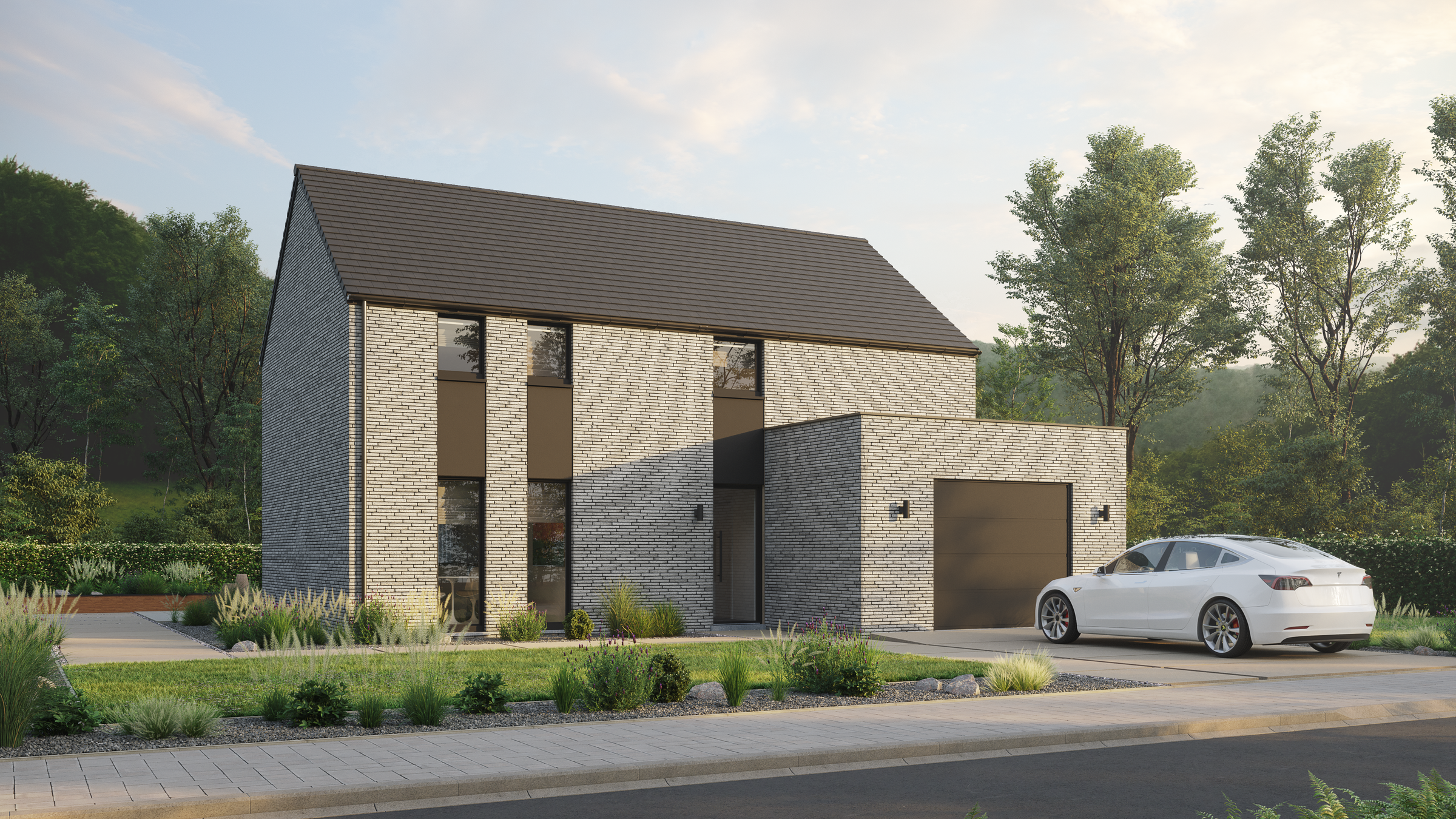 modèle d'inspiration PH18 brique grise façade avant avec garage trespa